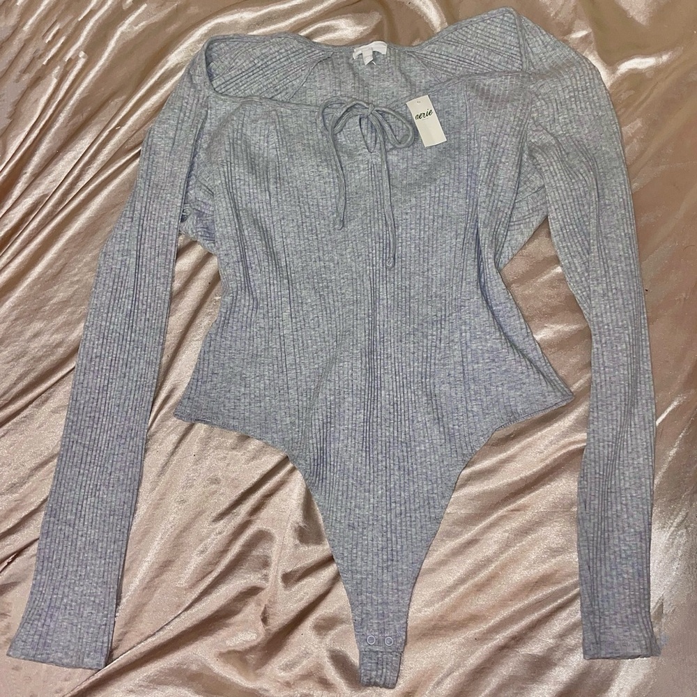 Aerie Gray Ribbed Long Sleeve Bodysuit